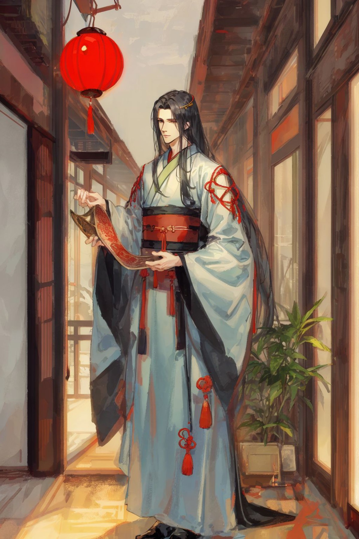 1boy, male focus, long hair, solo, black hair, instrument, very long hair, standing, full body, chinese clothes, wide slee...